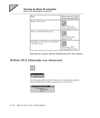 Técnicas de dibujo 2D avanzadas
               Definir SCA (Alineado con elemento)


                        Para                                     Seleccione en la caja
                                                                 de herramientas SCA
                        Rotar el SCA activo.


                                                                 Rotar SCA activo
                                                                 (vease página 8-153)
                        Mover el origen del SCA activo.


                                                                 MoverSCA (vease
                                                                 página 8-154)
                        Identificar un SCA para su vinculación
                        como SCA activo.

                                                                 Seleccionar SCA
                                                                 (vease página 8-155)


                       Entrada de teclado:      DIALOG TOOLBOX ACS [OFF | ON | TOGGLE]



Definir SCA (Alineado con elemento)




                       Se utiliza para definir un SCA alineado con un elemento existente.
                       Según la definición, el SCA se convierte en el SCA activo.




8–150   Manual del usuario de MicroStation
 