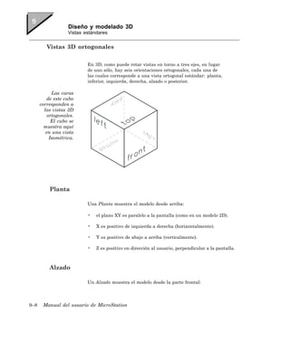 Diseño y modelado 3D
                   Vistas estándares


         Vistas 3D ortogonales

                           En 3D, como puede rotar vistas en torno a tres ejes, en lugar
                           de uno sólo, hay seis orientaciones ortogonales, cada una de
                           las cuales corresponde a una vista ortogonal estándar: planta,
                           inferior, izquierda, derecha, alzado o posterior.

            Las caras
         de este cubo
      corresponden a
        las vistas 3D
          ortogonales.
            El cubo se
        muestra aquí
         en una vista
           Isométrica.




          Planta

                           Una Planta muestra el modelo desde arriba:

                           •   el plano XY es paralelo a la pantalla (como en un modelo 2D).

                           •   X es positivo de izquierda a derecha (horizontalmente).

                           •   Y es positivo de abajo a arriba (verticalmente).

                           •   Z es positivo en dirección al usuario, perpendicular a la pantalla.



          Alzado

                           Un Alzado muestra el modelo desde la parte frontal:



9–8    Manual del usuario de MicroStation
 