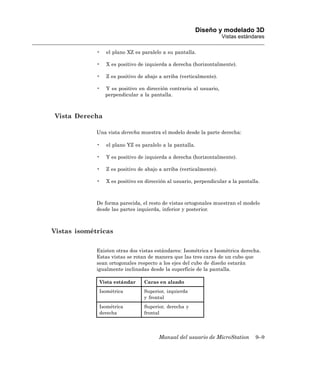 Diseño y modelado 3D
                                                                    Vistas estándares

             •   el plano XZ es paralelo a su pantalla.

             •   X es positivo de izquierda a derecha (horizontalmente).

             •   Z es positivo de abajo a arriba (verticalmente).

             •   Y es positivo en dirección contraria al usuario,
                 perpendicular a la pantalla.



Vista Derecha

             Una vista derecha muestra el modelo desde la parte derecha:

             •   el plano YZ es paralelo a la pantalla.

             •   Y es positivo de izquierda a derecha (horizontalmente).

             •   Z es positivo de abajo a arriba (verticalmente).

             •   X es positivo en dirección al usuario, perpendicular a la pantalla.



             De forma parecida, el resto de vistas ortogonales muestran el modelo
             desde las partes izquierda, inferior y posterior.



Vistas isométricas

             Existen otras dos vistas estándares: Isométrica e Isométrica derecha.
             Estas vistas se rotan de manera que las tres caras de un cubo que
             sean ortogonales respecto a los ejes del cubo de diseño estarán
             igualmente inclinadas desde la superficie de la pantalla.

              Vista estándar     Caras en alzado
              Isométrica         Superior, izquierda
                                 y frontal
              Isométrica         Superior, derecha y
              derecha            frontal




                                       Manual del usuario de MicroStation         9–9
 