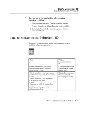 Diseño y modelado 3D
                                                  Caja de herramientas Principal 3D



             Para elegir SmartSolids al exportar
             bordes visibles
             1. En el menú Archivo, elija Exportar > Bordes visibles.
                Se abre el cuadro de diálogo Exportar bordes visibles.
             2. En la ficha General, del menú de opciones Método,
                elija SmartSolids.



Caja de herramientas Principal 3D
            Desde esta caja se accede a las herramientas para crear y
            modificar sólidos y superficies.




             Para                                      Utilizar
                                                       herramientas en
                                                       la
             Colocar un elemento 3D simple:            Caja de herramientas
             paralelepípedo, esfera, cilindro,         Primitivos 3D (vease
             cono, toroide o cuña.                     página 9-88)
             Extruir un sólido o una superficie, o     Caja de herramientas
             construir una superficie de revolución,   Construcción 3D
             o bien                                    (vease página 9-105)
             Extruir un sólido o una superficie
             a lo largo de una ruta,
             o bien
             Construir un sólido de lámina fina,
             o bien
             Espesar una superficie hasta
             convertirla en sólido.




                                      Manual del usuario de MicroStation      9–87
 
