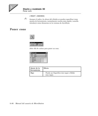 Diseño y modelado 3D
               Poner cono


                       | RIGHT | SKEWED]

                       Aunque el radio y la altura del cilindro se pueden especificar como
                       ajustes de herramienta, normalmente resulta más rápido y sencillo
                       introducir estas distancias en la ventana de AccuDraw.



Poner cono




                       (Sólo 3D) Se utiliza para poner un cono.




                        Ajuste de la      Efecto
                        herramienta
                        Tipo                 Puede ser Superficie (sin tapa) o Sólido
                                             (con tapa).




9–98   Manual del usuario de MicroStation
 