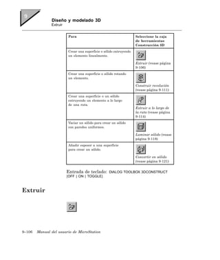 Diseño y modelado 3D
               Extruir


                         Para                                       Seleccione la caja
                                                                    de herramientas
                                                                    Construcción 3D
                         Crear una superficie o sólido extruyendo
                         un elemento linealmente.

                                                                    Extruir (vease página
                                                                    9-106)
                         Crear una superficie o sólido rotando
                         un elemento.

                                                                    Construir revolución
                                                                    (vease página 9-111)
                         Crear una superficie o un sólido
                         extruyendo un elemento a lo largo
                         de una ruta.
                                                                    Extruir a lo largo de
                                                                    la ruta (vease página
                                                                    9-114)
                         Vaciar un sólido para crear un sólido
                         con paredes uniformes.

                                                                    Laminar sólido (vease
                                                                    página 9-118)
                         Añadir espesor a una superficie
                         para crear un sólido.

                                                                    Convertir en sólido
                                                                    (vease página 9-121)


                         Entrada de teclado:       DIALOG TOOLBOX 3DCONSTRUCT
                         [OFF | ON | TOGGLE]



Extruir




9–106   Manual del usuario de MicroStation
 