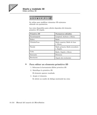 Diseño y modelado 3D
               Editar primitiva 3D




                        Se utiliza para modificar elementos 3D existentes
                        editando sus parámetros.

                        Las cotas disponibles para edición dependen del elemento
                        primitivo 3D elegido.

                         Primitivo 3D                        Parámetros editables
                         Paralelepípedo                      Longitud, Anchura y Altura.
                         Esfera                              Radio
                         Cilindro/Cono                       Radio superior, Radio de base
                                                             y Altura.
                         Toroide                             Radio primario, Radio secundario
                                                             y Ángulo.
                         Cuña                                Radio, Ángulo y Altura
                         Extrusión                           Distancia
                         Revolución                          Ángulo (de revolución)



                        Para editar un elemento primitivo 3D
                         1. Seleccione la herramienta Editar primitiva 3D.
                         2. Identifique la primitiva 3D.
                            El elemento aparece resaltado.
                         3. Acepte el elemento.
                            Se abrirá un cuadro de diálogo mostrando las cotas




9–154   Manual del usuario de MicroStation
 