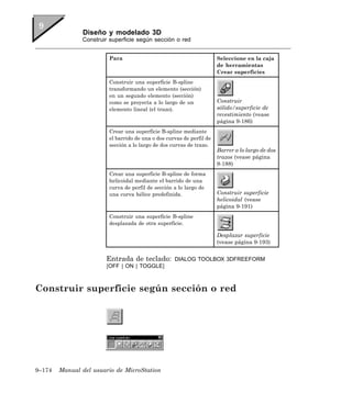 Diseño y modelado 3D
               Construir superficie según sección o red


                        Para                                          Seleccione en la caja
                                                                      de herramientas
                                                                      Crear superficies
                        Construir una superficie B-spline
                        transformando un elemento (sección)
                        en un segundo elemento (sección)
                        como se proyecta a lo largo de un             Construir
                        elemento lineal (el trazo).                   sólido/superficie de
                                                                      revestimiento (vease
                                                                      página 9-186)
                        Crear una superficie B-spline mediante
                        el barrido de una o dos curvas de perfil de
                        sección a lo largo de dos curvas de trazo.
                                                                      Barrer a lo largo de dos
                                                                      trazos (vease página
                                                                      9-188)
                        Crear una superficie B-spline de forma
                        helicoidal mediante el barrido de una
                        curva de perfil de sección a lo largo de
                        una curva hélice predefinida.                 Construir superficie
                                                                      helicoidal (vease
                                                                      página 9-191)
                        Construir una superficie B-spline
                        desplazada de otra superficie.

                                                                      Desplazar superficie
                                                                      (vease página 9-193)


                       Entrada de teclado:         DIALOG TOOLBOX 3DFREEFORM
                       [OFF | ON | TOGGLE]



Construir superficie según sección o red




9–174   Manual del usuario de MicroStation
 