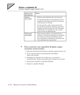 Diseño y modelado 3D
               Construir superficie según sección o red


                        Ajuste de la       Efecto
                        herramienta
                        Aplicar              (Definir según definido sólo como Sección)
                        suavizado
                                             Si está desactivado, las continuaciones de la
                                             superficie construida son las de las secciones
                                             transversales de entrada.
                                             Si está activado, cada sección transversal
                                             de entrada se aproxima mediante una curva
                                             B-spline uniforme dentro del valor Tolerancia
                                             especificado y la superficie se crea a partir
                                             de las curvas de aproximación.
                        Tolerancia           (Sólo activado Aplicar suavizado) Permite
                        suavizado            cambiar el valor de la tolerancia de suavizado.
                                             Los valores de tolerancia inferiores hacen
                                             que la superficie construida se aproxime más
                                             a los elementos de construcción.




                        Para construir una superficie B-spline según
                        secciones transversales
                         1. Seleccione la herramienta Construir superficie según sección o red.
                         2. En la ventana Ajustes de herramientas, fije Definir
                            según como Sección.
                         3. Identifique las secciones en el orden que va a seguir la
                            transformación. (Puede reinicializar para rechazar una sección.)
                         4. Acepte para visualizar la superficie B-spline.
                         5. Acepte la superficie B-spline.




9–176   Manual del usuario de MicroStation
 