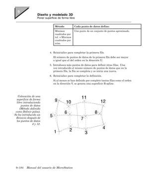 Diseño y modelado 3D
                   Poner superficie de forma libre


                                 Método           Cada punto de datos define:
                                 Mínimos          Uno punto de un conjunto de puntos aproximado.
                                 cuadrados por
                                 tol. o Mínimos
                                 cuadrados por
                                 núm.


                             4. Reinicialice para completar la primera fila.
                                El número de puntos de datos de la primera fila debe ser mayor
                                o igual que el del orden en la dirección U.
                             5. Introduzca más puntos de datos para definir otras filas. Una
                                vez introducido el mismo número de puntos de datos que en la
                                primera fila, la fila se completa y se inicia una nueva.
                             6. Reinicialice para completar la definición.
                                Si al menos se han definido por completo tantas filas como el orden
                                en la dirección V, se genera una superficie B-spline.




   Colocación de una
  superficie de forma
  libre introduciendo
      puntos de datos
     (Método definido
 como Definir polos).
Se ha introducido un
 Reinicio después de
  los puntos de datos
               4 y 12.




 9–184    Manual del usuario de MicroStation
 