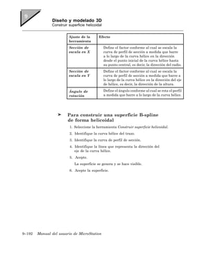 Diseño y modelado 3D
               Construir superficie helicoidal


                         Ajuste de la       Efecto
                         herramienta
                         Sección de              Define el factor conforme al cual se escala la
                         escala en X             curva de perfil de sección a medida que barre
                                                 a lo largo de la curva hélice en la dirección
                                                 desde el punto inicial de la curva hélice hasta
                                                 su punto central, es decir, la dirección del radio.
                         Sección de              Define el factor conforme al cual se escala la
                         escala en Y             curva de perfil de sección a medida que barre a
                                                 lo largo de la curva hélice en la dirección del eje
                                                 de hélice, es decir, la dirección de la altura.

                         Ángulo de               Define el ángulo conforme al cual se rota el perfil
                         rotación                a medida que barre a lo largo de la curva hélice.




                        Para construir una superficie B-spline
                        de forma helicoidal
                         1. Seleccione la herramienta Construir superficie helicoidal.
                         2. Identifique la curva hélice del trazo.
                         3. Identifique la curva de perfil de sección.
                         4. Identifique la línea que representa la dirección del
                            eje de la curva hélice.
                         5. Acepte.
                            La superficie se genera y se hace visible.
                         6. Acepte la superficie.




9–192   Manual del usuario de MicroStation
 