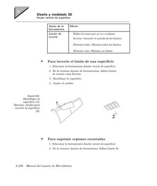 Diseño y modelado 3D
                    Anular recorte de superficie


                              Ajuste de la      Efecto
                              herramienta
                              Límite de            Define la tarea que se va a realizar.
                              recorte
                                                   Inverso—Invierte el sentido de los límites.

                                                   Eliminar todo—Elimina todos los límites.

                                                   Eliminar uno—Elimina un límite.



                             Para invertir el límite de una superficie
                              1. Seleccione la herramienta Anular recorte de superficie.
                              2. En la ventana Ajustes de herramientas, defina Límite
                                 de recorte como Inverso.
                              3. Identifique la superficie.
                              4. Acepte el cambio.




            Izquierda:
        Identifique la
        superficie (1).
Derecha: Acepte para
 invertir la superficie
                   (2).




                             Para suprimir regiones recortadas
                              1. Seleccione la herramienta Anular recorte de superficie.
                              2. En la ventana Ajustes de herramienta, defina Límite de




 9–208    Manual del usuario de MicroStation
 