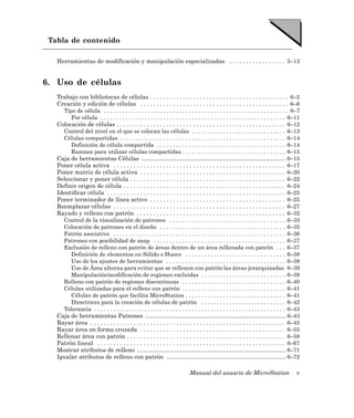 Tabla de contenido

   Herramientas de modificación y manipulación especializadas . . . . . . . . . . . . . . . . . 5–13


6. Uso de células
   Trabajo con bibliotecas de células . . . . . . . . . . . . . . . . . . . . . . . . . . . . . . . . . . . . . . . . . . 6–2
   Creación y edición de células . . . . . . . . . . . . . . . . . . . . . . . . . . . . . . . . . . . . . . . . . . . . . 6–6
     Tipo de célula . . . . . . . . . . . . . . . . . . . . . . . . . . . . . . . . . . . . . . . . . . . . . . . . . . . . . . . . . . . 6–7
        Por célula . . . . . . . . . . . . . . . . . . . . . . . . . . . . . . . . . . . . . . . . . . . . . . . . . . . . . . . . . . . 6–11
   Colocación de células . . . . . . . . . . . . . . . . . . . . . . . . . . . . . . . . . . . . . . . . . . . . . . . . . . . 6–12
     Control del nivel en el que se colocan las células . . . . . . . . . . . . . . . . . . . . . . . . . . . . . . 6–13
     Células compartidas . . . . . . . . . . . . . . . . . . . . . . . . . . . . . . . . . . . . . . . . . . . . . . . . . . . . . 6–14
        Definición de célula compartida . . . . . . . . . . . . . . . . . . . . . . . . . . . . . . . . . . . . . . . . . 6–14
        Razones para utilizar células compartidas . . . . . . . . . . . . . . . . . . . . . . . . . . . . . . . . . 6–15
   Caja de herramientas Células ....................................................................................... 6–15
   Poner célula activa . . . . . . . . . . . . . . . . . . . . . . . . . . . . . . . . . . . . . . . . . . . . . . . . . . . . 6–17
   Poner matriz de célula activa . . . . . . . . . . . . . . . . . . . . . . . . . . . . . . . . . . . . . . . . . . . . 6–20
   Seleccionar y poner célula . . . . . . . . . . . . . . . . . . . . . . . . . . . . . . . . . . . . . . . . . . . . . . . 6–22
   Definir origen de célula . . . . . . . . . . . . . . . . . . . . . . . . . . . . . . . . . . . . . . . . . . . . . . . . . 6–24
   Identificar célula . . . . . . . . . . . . . . . . . . . . . . . . . . . . . . . . . . . . . . . . . . . . . . . . . . . . . . 6–25
   Poner terminador de línea activo . . . . . . . . . . . . . . . . . . . . . . . . . . . . . . . . . . . . . . . . . 6–25
   Reemplazar células . . . . . . . . . . . . . . . . . . . . . . . . . . . . . . . . . . . . . . . . . . . . . . . . . . . . 6–27
   Rayado y relleno con patrón . . . . . . . . . . . . . . . . . . . . . . . . . . . . . . . . . . . . . . . . . . . . . 6–32
     Control de la visualización de patrones . . . . . . . . . . . . . . . . . . . . . . . . . . . . . . . . . . . . . 6–33
     Colocación de patrones en el diseño . . . . . . . . . . . . . . . . . . . . . . . . . . . . . . . . . . . . . . . . 6–35
     Patrón asociativo . . . . . . . . . . . . . . . . . . . . . . . . . . . . . . . . . . . . . . . . . . . . . . . . . . . . . . . 6–36
     Patrones con posibilidad de snap . . . . . . . . . . . . . . . . . . . . . . . . . . . . . . . . . . . . . . . . . . 6–37
     Exclusión de relleno con patrón de áreas dentro de un área rellenada con patrón . . . 6–37
        Definición de elementos en Sólido o Hueco . . . . . . . . . . . . . . . . . . . . . . . . . . . . . . . . 6–38
        Uso de los ajustes de herramientas . . . . . . . . . . . . . . . . . . . . . . . . . . . . . . . . . . . . . . 6–38
        Uso de Área alterna para evitar que se rellenen con patrón las áreas jerarquizadas 6–39
        Manipulación/modificación de regiones excluidas . . . . . . . . . . . . . . . . . . . . . . . . . . . 6–39
     Relleno con patrón de regiones discontinuas . . . . . . . . . . . . . . . . . . . . . . . . . . . . . . . . . 6–40
     Células utilizadas para el relleno con patrón . . . . . . . . . . . . . . . . . . . . . . . . . . . . . . . . . 6–41
        Células de patrón que facilita MicroStation . . . . . . . . . . . . . . . . . . . . . . . . . . . . . . . . 6–41
        Directrices para la creación de células de patrón . . . . . . . . . . . . . . . . . . . . . . . . . . . 6–42
     Tolerancia . . . . . . . . . . . . . . . . . . . . . . . . . . . . . . . . . . . . . . . . . . . . . . . . . . . . . . . . . . . . . 6–43
   Caja de herramientas Patrones ..................................................................................... 6–43
   Rayar área . . . . . . . . . . . . . . . . . . . . . . . . . . . . . . . . . . . . . . . . . . . . . . . . . . . . . . . . . . . 6–45
   Rayar área en forma cruzada . . . . . . . . . . . . . . . . . . . . . . . . . . . . . . . . . . . . . . . . . . . . 6–55
   Rellenar área con patrón . . . . . . . . . . . . . . . . . . . . . . . . . . . . . . . . . . . . . . . . . . . . . . . . 6–58
   Patrón lineal . . . . . . . . . . . . . . . . . . . . . . . . . . . . . . . . . . . . . . . . . . . . . . . . . . . . . . . . . 6–67
   Mostrar atributos de relleno .......................................................................................... 6–71
   Igualar atributos de relleno con patrón ........................................................................ 6–72

                                                                              Manual del usuario de MicroStation                            v
 