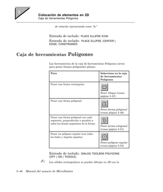 Colocación de elementos en 2D
               Caja de herramientas Polígonos


                            de rotación representado como “A.”


                       Entrada de teclado:       PLACE ELLIPSE ICON
                       Entrada de teclado:        PLACE ELLIPSE 〈CENTER |
                       EDGE〉 CONSTRAINED



Caja de herramientas Polígonos
                       Las herramientas de la caja de herramientas Polígonos sirven
                       para poner formas poligonales planas.

                        Para                                     Seleccione en la caja
                                                                 de herramientas
                                                                 Polígonos
                        Poner una forma rectangular.


                                                                 Poner bloque (vease
                                                                 página 3-47)
                        Poner una forma poligonal.


                                                                 Poner forma poligonal
                                                                 (vease página 3-49)
                        Poner una forma poligonal con cada
                        segmento, perpendicular o paralelo a
                        todos los demás segmentos de la forma.
                                                                 Poner forma ortogonal
                                                                 (vease página 3-51)
                        Poner un polígono regular (con todos
                        los lados y ángulos iguales).

                                                                 Poner polígono regular
                                                                 (vease página 3-53)


                       Entrada de teclado:       DIALOG TOOLBOX POLYGONS
                       [OFF | ON | TOGGLE]

                       Los sólidos rectangulares se pueden dibujar en 3D con la


3–46   Manual del usuario de MicroStation
 