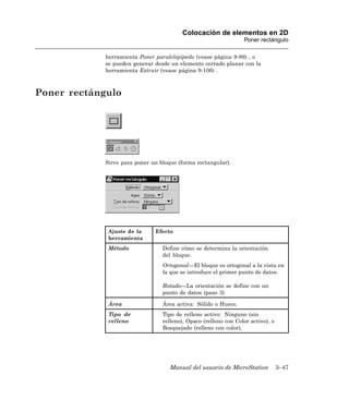 Colocación de elementos en 2D
                                                                  Poner rectángulo

             herramienta Poner paralelepípedo (vease página 9-89) , o
             se pueden generar desde un elemento cerrado planar con la
             herramienta Extruir (vease página 9-106) .



Poner rectángulo




             Sirve para poner un bloque (forma rectangular).




              Ajuste de la     Efecto
              herramienta
              Método              Define cómo se determina la orientación
                                  del bloque.
                                  Ortogonal—El bloque es ortogonal a la vista en
                                  la que se introduce el primer punto de datos.

                                  Rotado—La orientación se define con un
                                  punto de datos (paso 3)

              Área                Área activa: Sólido o Hueco.
              Tipo de             Tipo de relleno activo: Ninguno (sin
              relleno             relleno), Opaco (relleno con Color activo), o
                                  Bosquejado (relleno con color).




                                     Manual del usuario de MicroStation           3–47
 