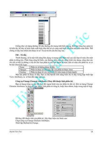 Huỳnh Văn Trúc 18
Giống như với dạng đường, bề dày đường chỉ mang tính biểu tượng. Khi bạn tăng hay giảm tỷ
lệ hiển thị, bề dày sẽ luôn luôn xuất hiện như thể nó có cùng một kích cỡ điểm ảnh trên màn hình. Thế
chúng sẽ dày bao nhiêu khi được in ra? Ta sẽ trả lời câu hỏi này sau.
Fill – Tô đầy
Thỉnh thoảng, sẽ là một tính năng hữu dụng và mang tính thẩm mỹ cao nếu bạn tô màu cho một
phần tử đóng kín. Phần lòng sông hồ biển, các đường viền của các công trình xây dựng, cũng như các
chi tiết cơ khí là những ví dụ tốt cho loại phần tử mà bạn muốn tô màu. Khi tô màu cho phần tử, ta có
ba lựa chọn Fill Type:
None Phần tử sẽ không được tô đầy.
Opaque Phần tử được tô với màu sắc của phần tử được chọn.
Outline Phần tử được tô với Active Fill Color (màu tô hiện hành)
Một khi phần tử được tô đầy, bạn có thể bật/tắt tính năng hiển thị tô đầy trong hộp thiết lập
View Attributes, ta sẽ bàn đến mục này sau.
Công cụ Change Element Attributes (Thay đổi thuộc tính phần tử)
Bạn sử dụng công cụ này để thay đổi ngoại hình của các phần tử sẵn có. Khi sử dụng Change
Element Attributes, ta thay đổi các thuộc tính phần tử riêng lẻ, hoặc theo nhóm, hoặc trong một tổ hợp.
Để thay đổi thuộc tính của phần tử , hãy thực hiện các bước sau:
Chọn công cụ Change Element Attributes.
Thiết lập Method là Change.
 