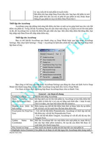 Huỳnh Văn Trúc 32
tử này (nếu đó là một phần tử tuyến tính).
Bắt điểm khi bạn nhập Data Point đầu tiên: bạn hạn chế phần tử mới
(hoặc phần kéo dài của nó) sẽ phải đi qua phần tử này (hoặc đoạn
thẳng đi qua phần tử này) từ điểm Data Point thứ 2.
Thiết lập cho AccuSnap
AccuSnap cung cấp những tính năng bắt điểm căn bản và một sự trợ giúp hình họa cho việc bắt
điểm vào phần tử. Trong chế độ AccuSnap, bạn chỉ cần chọn một công cụ và dịch con trỏ lên trên phần
tử đó, để AccuSnap tìm và hiển thị điểm bắt gần nhất cho bạn. Khi nhìn thấy điểm bắt đúng đắn, bạn
hãy nhập một Data Point để chấp nhận điểm này.
Thiết lập cho AccuSnap
Bạn có thể bật/tắt AccuSnap qua thanh công cụ Snap Mode hoặc qua hộp thoại AccuSnap
Settings. Hãy chọn lệnh Settings > Snap > AccuSnap từ lệnh đơn chính để truy cập vào hộp thoại thiết
lập tham số này.
Bạn cũng có thể truy cập hộp thoại AccuSnap Settings qua động tác chọn nút lệnh Active Snap
Mode trên thanh trạng thái, sau đó nhấn AccuSnap trong lệnh đơn Active Snap Mode.
Các tham số được thiết lập trong hộp thoại AccuSnap được chia ra thành 3 thẻ.
General – các tham số chung
Enable AccuSnap Bật/tắt tính năng AccuSnap
Show Tentative Hint
(hiển thị lời mách bảo)
khi bạn dịch con trỏ lên trên phần tử, AccuSnap sẽ tìm thấy điểm bắt
gần nhất và hiển thị vị trí của nó bằng một hình dấu + hoặc là một
chữ X tô đậm, cho bạn biết điểm bắt thử tentative.
Display Icon (hiển thị
biểu tượng)
Biểu tượng của chế độ bắt điểm hiện thời sẽ được hiển thị tại điểm
bắt, đi kèm với lời mách bảo lẫn bản thân điểm thử
Fixed point for Perp/Tan.
from
- Với chế độ bắt điểm Perpendicular, AccuSnap sẽ thiết lập chế độ
bắt điểm này viết đè lên Perpendicular From.
- Với chế độ bắt điểm Tangent, AccuSnap sẽ viết đề chế độ này lên
Tangent from.
Update Status Bar
Coordinates
Mỗi lần AccuSnap bắt vào một điểm trên một phần tử, hoặc bất kỳ
khi nào bạn nhấn phím tentative, thì tọa độ của điểm bắt được sẽ
xuất hiện trên thanh trạng thái.
Play Sound on Snap Một chuỗi âm thanh sẽ phát lên khi bạn bắt vào một phần tử.
Highlight Active Element Các phần tử sẽ được tô nổi bật ngay khi AccuSnap nằm trong ranh
 