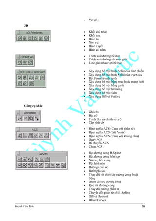 Huỳnh Văn Trúc 50
 Vạt góc
3D
 Khối chữ nhật
 Khối cầu
 Hình trụ
 Nón cụt
 Hình xuyến
 Hình cái nêm
 Trích xuất đường bề mặt
 Trích xuất đường cắt ranh giới
 Line giao nhau với bề mặt
 Xây dựng bề mặt hoặc Solid của hình chiếu
 Xây dựng bề mặt hoặc Solid của trục xoay
 Đặt Form bề mặt tự do
 Xây dựng bề mặt bằng mục hoặc mạng lưới
 Xây dựng bề mặt bằng cạnh
 Xây dựng bề mặt hình ống
 Xây dựng bề mặt skin
 Xây dựng Offset Surface

Công cụ khác
 Ghi chú
 Đặt cờ
 Trình bày và chỉnh sửa cờ
 Cập nhật cờ
 Định nghĩa ACS (Canh với phần tử)
 Định nghĩa ACS (bỡi Points)
 Định nghĩa ACS (Canh với khung nhìn)
 Quay ACS
 Di chuyển ACS
 Chọn ACS
 Đặt đường cong B-Spline
 Đặt đường cong hỗn hợp
 Nội suy bởi cung
 Đặt hình nón
 Đường xoắn ốc
 Đường ló xo
 Thay đổi tới thiết lập đường cong hoajt
động
 Giảm dữ liệu đường cong
 Kéo dài đường cong
 Thay đổi hướng phần tử
 Chuyển đổi phần tử tới B-Spline
 Offset Element
 Blend Curves
 