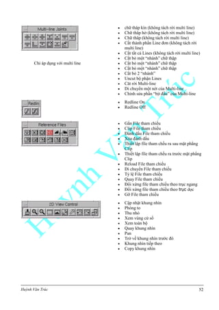 Huỳnh Văn Trúc 52
Chỉ áp dụng với multi line
 chữ thâp kín (không tách rời multi line)
 Chữ thâp hở (không tách rời multi line)
 Chữ thâp (không tách rời multi line)
 Cắt thành phần Line đơn (không tách rời
multi line)
 Cắt tất cả Lines (không tách rời multi line)
 Cắt bỏ một “nhánh” chữ thập
 Cắt bỏ một “nhánh” chữ thập
 Cắt bỏ một “nhánh” chữ thập
 Cắt bỏ 2 “nhánh”
 Uncut bộ phận Lines
 Căt rời Multi-line
 Di chuyển một nét của Multi-line
 Chỉnh sửa phần “bịt đầu” của Multi-line
 Redline On
 Redline Off
 Gắn File tham chiếu
 Clip File tham chiếu
 Đánh dấu File tham chiếu
 Xóa đánh dấu
 Thiết lập file tham chếu ra sau mặt phẳng
Clip
 Thiết lập file tham chếu ra trước mặt phẳng
Clip
 Reload File tham chiếu
 Di chuyển File tham chiếu
 Tỷ lệ File tham chiếu
 Quay File tham chiếu
 Đối xứng file tham chiếu theo trục ngang
 Đối xứng file tham chiếu theo trục dọc
 Gỡ File tham chiếu
 Cập nhật khung nhìn
 Phóng to
 Thu nhỏ
 Xem vùng cử sổ
 Xem toàn bộ
 Quay khung nhìn
 Pan
 Trở về khung nhìn trước đó
 Khung nhìn tiếp theo
 Copy khung nhìn
 