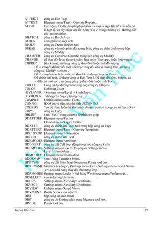 Huỳnh Văn Trúc 57
ATTEDIT công cụ Edit Tags
ATTEXT Element menu/Tags > Generate Reports...
AUDIT Các tiện ích EdG cho phép bạn kiểm tra một design file để xem nếu nó
là hợp lệ, và tùy chọn sửa lỗi. Xem "EdG" trong chương 10 Hướng dẫn
của microstation.
BHATCH công cụ Hatch Area
BLOCK xem phần tạo một cell
BPOLY công cụ Create Region tool
BREAK công cụ xóa một phần đối tượng hoặc công cụ chèn đỉnh trong hộp
công cụ Modify.
CHAMFER công cụ Construct Chamfer trong hộp công cụ Modify
CHANGE để thay đổi level (layer), color, line style (linetype), hoặc line weight
CHPROP (thickness), sử dụng công cụ thay đổi thuộc tính đối tượng.
Để di chuyển điểm cuối một line hoặc thay đổi chu vi đường tròn, sử dụng
công cụ Modify Element .
Để di chuyển text hoặc một cell (block), sử dụng công cụ Move.
Để chỉnh sửa text, sử dụng công cụ Edit Text l. Để thay đổi font, height, và
width của một text , sử dụng công cụ thay đổi thuộc tính Text .
CIRCLE Công cụ đặt đường tròn trong hộp công cụ Ellipses
COLOR kích hoạt Color
· BYLAYER · Settings menu/Level > Symbology...
· BYBLOCK · không có công cụ tương ứng
COMPILE Utilities menu/Install Fonts...
CONFIG (DOS only) tiện ích cấu hình USCONFIG
COORDS Tọa độ được hiển thị khi bạn di chuyển con trỏ trong cửa sổ AccuDraw
COPY công cụ Copy
DBLIST xem "EdG" trong chương 10 phần trợ giúp
DDATTDEF Element menu/Text or
Element menu/Tags > Define
DDATTE công cụ chỉnh sửa Tags tool trong hộp công cụ Tags
DDATTEXT Element menu/Tags > Generate Templates
DDCHPROP Element menu/Information
DDEDIT công cụ chỉnh sửa Text
DDEMODES Element menu/Attributes
DDINSERT công cụ đặt Cell hoạt động trong hộp công cụ Cells
DDLMODES Settings menu/Level > Display or Settings menu/
Level > Symbology...
DDMODIFY Element menu/Information
DDOSNAP xem Using Tentative Points.
DDPTYPE công cụ đặt Point hoạt động trong Points tool box .
DDRENAME hầu hết các công cụ (Settings menu/Cells, Settings menu/Level Names,
v.v.) có khả năng thay đổi tên tương ứng
DDRMODES Settings menu/Locks > Full hoặc Workspace menu/Preferences...
DDSELECT xemSelecting Elements
DDUCS Settings menu/Auxiliary Coordinates
DDUSCP Settings menu/Auxiliary Coordinates
DDVIEW Utilities menu/Saved Views
DDVPOINT Rotate View view control
DIM hộp công cụ kích thước
DIST công cụ đo khoảng cách trong Measure tool box
DIVIDE Points tool box
 