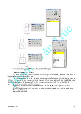Huỳnh Văn Trúc 69
AUTOCAD: Sử dụng GRIPS trong AutoCAD rất đơn giản
Cơ sở của LEVEL và LAYER
Một trong những khía cạnh cơ bản nhất của bất kỳ gói phần mềm CAD nào là "lớp" được sử
dụng để kiểm soát việc hiển thị đồ họa.
V8 "không giới hạn" số level. Các phiên bản cũ giới hạn đến 63 level cho mỗi tập tin. Level có
thể làm việc tương tự như AutoCAD 200x. Bạn có thể sử dụng hoặc thiết đặt BYLEVEL hoặc
BYCELL để cho phép dễ dàng trao đổi dữ liệu với người dùng AutoCAD. Tên level có thể từ 1-511 ký
tự, và bạn có thể nhóm một số level lại với nhau.
Để thay đổi level hoạt động, sử dụng PRIMARY TOOL BOX, Hoặc keyin: LV=# hoặc
LV=name
Để quản lý hầu hết các thuộc tính level, sử dụng hộp thoại LEVEL MANAGER. Hoặc keyin:
OF=# hoặc OF=name
ON=# hoặc ON=name
 
