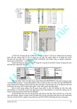 Huỳnh Văn Trúc 70
AUTOCAD: Sử dụng tối đa 32.000 lớp. Tên lớp có thể từ 1-255 ký tự. Những lớp này thường
được đặt tên, nhưng bạn có thể sử dụng các số, hầu hết người dùng sẽ sử dụng tên Layer
Để thay đổi lớp hiện thời sử dụng LAYER CONTROL trên thanh công cụ Object Properties:
hoặc keyin LAYER OFF , LAYER ON
AutoCAD cũng bao gồm một "lớp 0" trong file. Lớp này là cần thiết và được sử dụng cho mục
đích đặc biệt, chẳng hạn như khối.
Một lớp "khác" được tìm thấy trong AutoCAD là lớp DEFPOINTS. Lớp này là tương tự như
"Construction Elements " trong MicroStation. Bất cứ điều gì được tìm thấy trên lớp DEFPOINTS
trong AutoCAD sẽ không in bất kể hiển thị trên màn hình. Lớp này được tạo ra tự động khi đặt một
kích thước liên quan. (Nó là "điểm định nghĩa " hoặc "điểm snap" trên đối tượng)
Đây là một trong những vấn đề quan trọng nhất và hầu hết thường bị hiểu lầm giữa
MicroStation và AutoCAD. Lớp là cần thiết trong cả hai MicroStation và AutoCAD, nhưng việc sử
dụng các lớp trong AutoCAD là QUAN TRỌNG!
AutoCAD dựa trên cấu trúc lớp để kiểm soát quản lý dữ liệu, kiểm soát bản vẽ, và lực nét,
màu, kiểu đường. Người sử dụng AutoCAD phân biệt các đặc tính khác nhau giữa các đối tượng dựa
chủ yếu vào lớp. Do đó, ý nghĩa và mục đích của các BYLAYER là thiết lập cho màu và linetype.
 