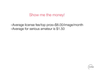 Show me the money!

-Average license fee/top pros=$8.00/image/month
-Average for serious amateur is $1.50
 
