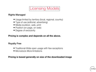 Licensing Models
Rights Managed

    • Usage limited by territory (local, regional, country)
    • Type of use (editorial, advertising)
    • Media (outdoor, web, print
    • Position (on page, on web)
    • Degree of exclusivity
Pricing is complex and depends on all the above.


Royalty Free

    • Traditional-Wide open usage with few exceptions
    • Microstock-More limitations

Pricing is based generally on size of the downloaded image
 
