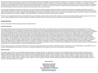 This Document reflects the views, opinions and conclusions of MicroStrategy Incorporated (“MicroStrategy”) and other contributors to this Document. This Document is provided “as is” and without express or limited
warranty of any kind by either MicroStrategy or anyone who has been involved in the creation, production or distribution of this Document (collectively, “Contributors”), including, but not limited to, the implied
warranties of merchantability and fitness for a particular purpose. Neither MicroStrategy nor Contributors makes any warranty, express or implied, concerning the accuracy, correctness, completeness or adequacy of
any information that is provided in this Document. The entire risk with respect to the use of, or reliance on, this Document is with you. Should this Document prove inaccurate or erroneous (in whole or in part), you
(and not MicroStrategy or Contributors) assume the entire risk for all costs related to the use of this Document.
In no event will MicroStrategy or Contributors be liable to you on account of any claim for damage, including any lost profits, lost savings, or other special, incidental, consequential, exemplary or other direct or
indirect damages, including but not limited to any damages assessed against or paid by you to any third party, arising from the use of, or reliance on, this Document, even if MicroStrategy and Contributors have been
advised of the possibility of such damages. In addition, neither MicroStrategy nor Contributors shall be liable for any claim by you or any other party for damages arising from the use of, or reliance on, this Document,
based upon principles of contract warranty, negligence, strict liability, the failure of any remedy to achieve its essential purpose, or otherwise.
This Document is copyrighted and all rights are reserved by MicroStrategy. MicroStrategy reserves the right to make periodic modifications to this Document without obligation to notify any person or entity of such
revision. Copying, duplicating, selling, or otherwise distributing any part of this Document without prior written consent of an authorized representative of MicroStrategy is prohibited.
Copyright Information
All Contents Copyright © 2013 MicroStrategy Incorporated. All Rights Reserved.
Trademark Information
MicroStrategy, MicroStrategy 6, MicroStrategy 7, MicroStrategy 7i, MicroStrategy 7i Evaluation Edition, MicroStrategy 7i Olap Services, MicroStrategy 8, MicroStrategy 9, MicroStrategy Distribution Services,
MicroStrategy MultiSource Option, MicroStrategy Command Manager, MicroStrategy Enterprise Manager, MicroStrategy Object Manager, MicroStrategy Reporting Suite, MicroStrategy Power User, MicroStrategy
Analyst, MicroStrategy Consumer, MicroStrategy Email Delivery, MicroStrategy BI Author, MicroStrategy BI Modeler, MicroStrategy Evaluation Edition, MicroStrategy Administrator, MicroStrategy Agent, MicroStrategy
Architect, MicroStrategy BI Developer Kit, MicroStrategy Broadcast Server, MicroStrategy Broadcaster, MicroStrategy Broadcaster Server, MicroStrategy Business Intelligence Platform, MicroStrategy Consulting,
MicroStrategy CRM Applications, MicroStrategy Customer Analyzer, MicroStrategy Desktop, MicroStrategy Desktop Analyst, MicroStrategy Desktop Designer, MicroStrategy eCRM 7, MicroStrategy Education,
MicroStrategy eTrainer, MicroStrategy Executive, MicroStrategy Infocenter, MicroStrategy Intelligence Server, MicroStrategy Intelligence Server Universal Edition, MicroStrategy MDX Adapter, MicroStrategy
Narrowcast Server, MicroStrategy Objects, MicroStrategy OLAP Provider, MicroStrategy SDK, MicroStrategy Support, MicroStrategy Telecaster, MicroStrategy Transactor, MicroStrategy Web, MicroStrategy Web
Business Analyzer, MicroStrategy World, Application Development and Sophisticated Analysis, Best In Business Intelligence, Centralized Application Management, Information Like Water, Intelligence Through Every
Phone, Intelligence To Every Decision Maker, Intelligent E-Business, Personalized Intelligence Portal, Query Tone, Rapid Application Development, MicroStrategy Intelligent Cubes, The Foundation For Intelligent E-
Business, The Integrated Business Intelligence Platform Built For The Enterprise, The Platform For Intelligent E-Business, The Scalable Business Intelligence Platform Built For The Internet, Office Intelligence,
MicroStrategy Office, MicroStrategy Report Services, MicroStrategy Web MMT, MicroStrategy Web Services, Pixel Perfect, Pixel-Perfect, MicroStrategy Mobile, MicroStrategy Integrity Manager and MicroStrategy Data
Mining Services are all registered trademarks or trademarks of MicroStrategy Incorporated.
All other company and product names may be trademarks of the respective companies with which they are associated. Specifications subject to change without notice. MicroStrategy is not responsible for errors or
omissions. MicroStrategy makes no warranties or commitments concerning the availability of future products or versions that may be planned or under development.
Patent Information
This product is patented. One or more of the following patents may apply to the product sold herein: U.S. Patent Nos. 6,154,766, 6,173,310, 6,260,050, 6,263,051, 6,269,393, 6,279,033, 6,567,796, 6,587,547,
6,606,596, 6,658,093, 6,658,432, 6,662,195, 6,671,715, 6,691,100, 6,694,316, 6,697,808, 6,704,723, 6,741,980, 6,765,997, 6,768,788, 6,772,137, 6,788,768, 6,798,867, 6,801,910, 6,820,073, 6,829,334, 6,836,537,
6,850,603, 6,859,798, 6,873,693, 6,885,734, 6,940,953, 6,964,012, 6,977,992, 6,996,568, 6,996,569, 7,003,512, 7,010,518, 7,016,480, 7,020,251, 7,039,165, 7,082,422, 7,113,993, 7,127,403, 7,174,349, 7,181,417,
7,194,457, 7,197,461, 7,228,303, 7,260,577, 7,266,181, 7,272,212, 7,302,639, 7,324,942, 7,330,847, 7,340,040, 7,356,758, 7,356,840, 7,415,438, 7,428,302, 7,430,562, 7,440,898, 7,486,780, 7,509,671, 7,516,181,
7,559,048, 7,574,376, 7,617,201, 7,725,811, 7,801,967, 7,836,178, 7,861,161, 7,861,253, 7,881,443, 7,925,616, 7,945,584, 7,970,782, 8,005,870, 8,051,168, 8,051,369, 8,094,788, 8,130,918, 8,296,287, 8,321,411 and
8,452,755. Other patent applications are pending.
How to Contact Us
MicroStrategy Incorporated
1850 Towers Crescent Plaza
Tysons Corner, VA 22182
Phone: 703.848.8600 Fax: 703.848.8610
E-mail: info@microstrategy.com
http://www.microstrategy.com
 