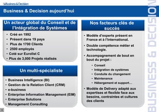 Business & Decision aujourd’hui

    Un acteur global du Conseil et de                 Nos facteurs clés de
       l’Intégration de Systèmes                            succès
     •   Créé en 1992                              • Modèle d’experts présent en
     •   Présent dans 19 pays                        France et à l’International.
     •   Plus de 1700 Clients                      • Double compétence métier et
     •   2500 employés                               technologie.
     •   Coté sur Eurolist C
                                                   • Accompagnement de bout en
     •   Plus de 3,000 Projets réalisés              bout du projet :
                                                       •   Conseil
               Un multi-spécialiste                    •   Intégration de systèmes
                                                       •   Conduite du changement
                                                       •   Maintenance
    •    Business Intelligence (BI)
                                                       •   Hébergement et support…
    •    Gestion de la Relation Client (CRM)
    •    e-business                                • Modèle de Delivery adapté aux
                                                     expertises et flexible face aux
    •    Enterprise Information Management (EIM)
                                                     besoins, contraintes et cultures
    •    Enterprise Solutions                        des clients
    •    Management Consulting
3
 
