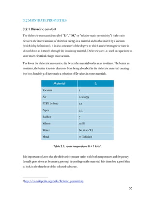 3.2 SUBSTRATE PROPERTIES

3.2.1 Dielectric constant

The dielectric constant (also called “Ɛr”, “DK” or “relative static permittivity”) is the ratio
between the stored amount of electrical energy in a material and to that stored by a vacuum
(which is by definition 1). It is also a measure of the degree to which an electromagnetic wave is
slowed down as it travels through the insulating material. Dielectrics are i.e. used in capacitors to
store more electrical charge than vacuum.

The lower the dielectric constant is, the better the material works as an insulator. The better an
insulator, the better it resists electrons from being absorbed in the dielectric material, creating
less loss. In table 3.1 I have made a selection of Ɛr values in some materials.


                            Material                                 Ɛr

                  Vacuum                              1

                  Air                                 1.00059

                  PTFE (teflon)                       2.1

                  Paper                               3.5

                  Rubber                              7

                  Silicon                             11.68

                  Water                               80.1 (20°C)

                  Metal                               ∞ (Infinite)


                            Table 3.1: room temperature @ < 1 kHz3 .



It is important to know that the dielectric constant varies with both temperature and frequency
(usually goes down as frequency goes up) depending on the material. It is therefore a good idea
to look in the datasheet of the selected substrate.



3 http://en.wikipedia.org/wiki/Relative_permittivity



                                                                                                     30
 
