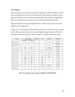 3.4.6 Rogers

Rogers Corporation is a company that specializes in high frequency PCB’s and make some of the
best on the market in the low-cost low-loss substrate area. They match the loss tangent to other
high end (not low-loss low-cost) substrate material products. They usually have a slightly higher
dielectric constant but also cost around 3-4 times less than the other substrate products.

Rogers also makes low cost types with higher dielectric constants so they can be used for other
applications such as high power.

In table 3.5 we see the datasheet for Rogers RO4003 substrate. The dielectric constant is 3.38 @
10 GHz. This means that the dielectric constant will slightly be higher around 2.4 GHz which is
the frequency domain for this project. The loss tangent is 0.0021 @ 2.5GHz which is good.




               Table 3.5: Datasheet values of Rogers RO4003 and RO4350 PCB




                                                                                                  36
 