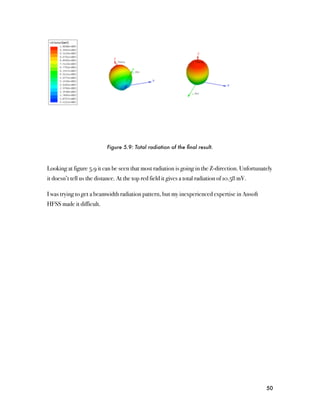 Figure 5.9: Total radiation of the ﬁnal result.



Looking at figure 5.9 it can be seen that most radiation is going in the Z-direction. Unfortunately
it doesn’t tell us the distance. At the top red field it gives a total radiation of 10.58 mV.

I was trying to get a beamwidth radiation pattern, but my inexperienced expertise in Ansoft
HFSS made it difficult.




                                                                                                50
 
