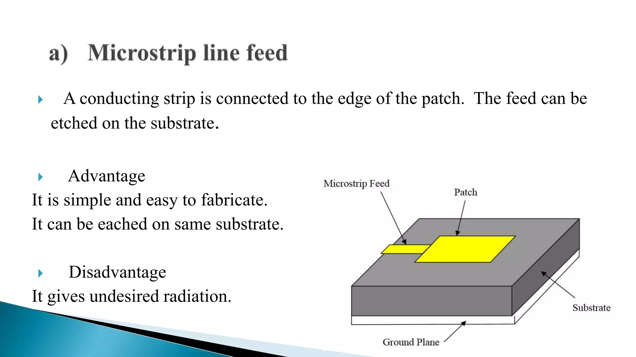  A conducting strip is connected to the edge of the patch. The feed can be
etched on the substrate.
 Advantage
It is simple and easy to fabricate.
It can be eached on same substrate.
 Disadvantage
It gives undesired radiation.
 