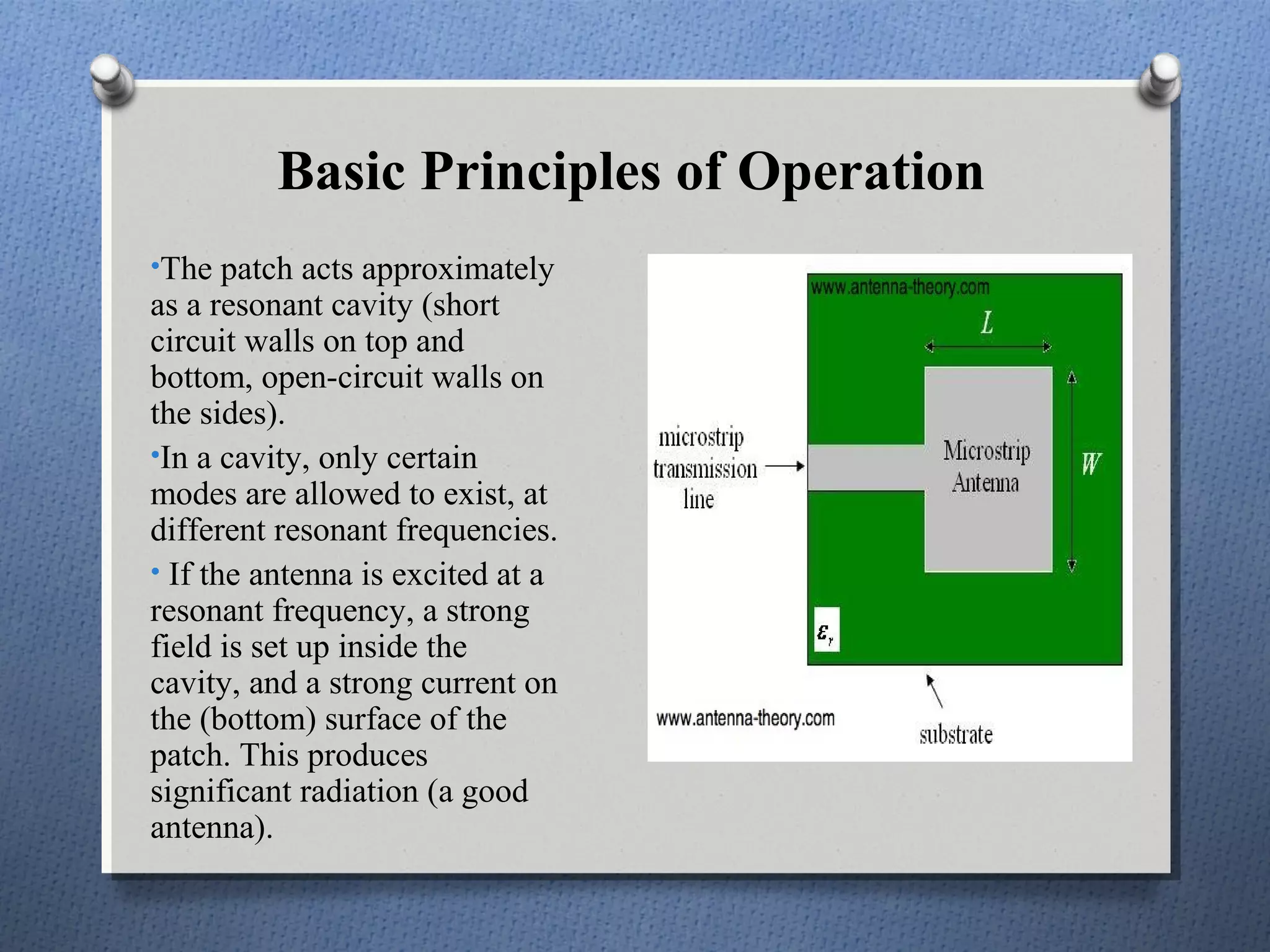 Basic Principles of Operation
•The patch acts approximately
as a resonant cavity (short
circuit walls on top and
bottom, open-circuit walls on
the sides).
•In a cavity, only certain
modes are allowed to exist, at
different resonant frequencies.
• If the antenna is excited at a
resonant frequency, a strong
field is set up inside the
cavity, and a strong current on
the (bottom) surface of the
patch. This produces
significant radiation (a good
antenna).
 
