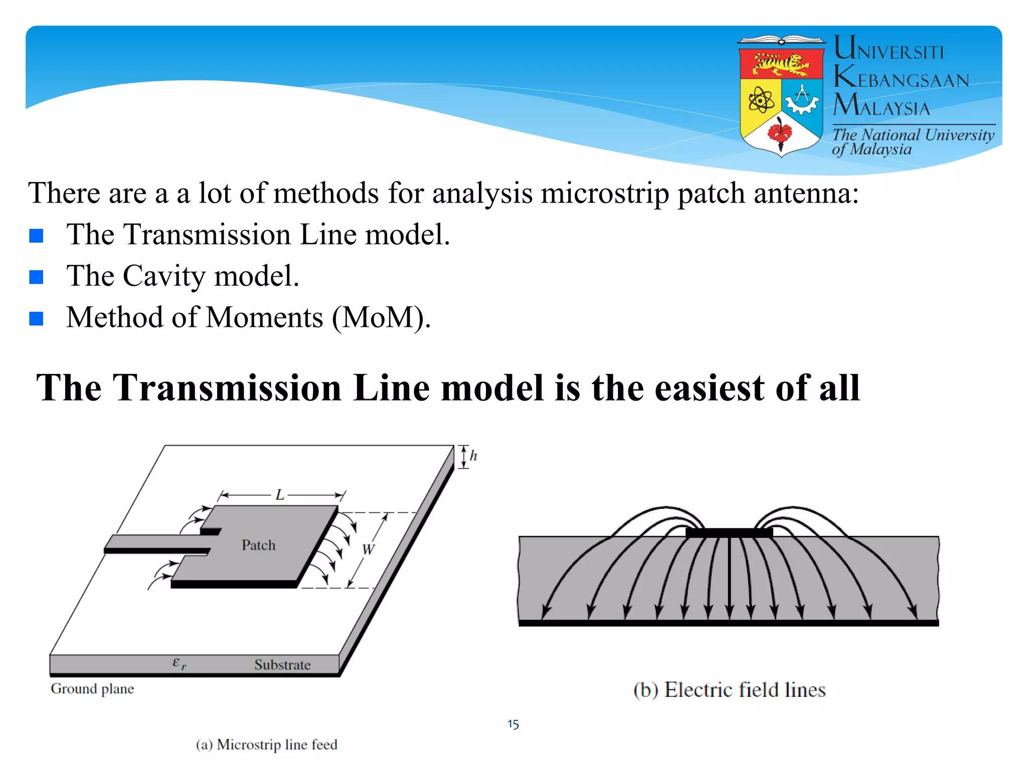 There are a a lot of methods for analysis microstrip patch antenna:
 The Transmission Line model.
 The Cavity model.
 Method of Moments (MoM).
The Transmission Line model is the easiest of all
15
 