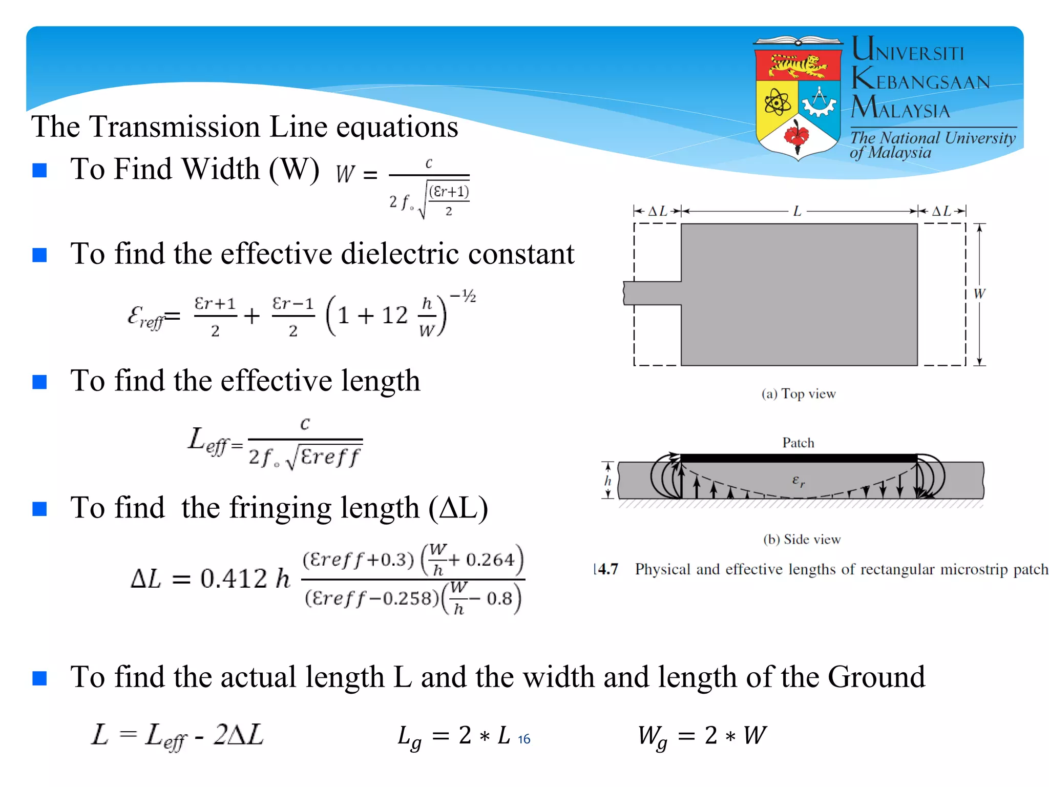 The Transmission Line equations
 To Find Width (W)
 To find the effective dielectric constant
 To find the effective length
 To find the fringing length (∆L)
 To find the actual length L and the width and length of the Ground
𝐿 𝑔 = 2 ∗ 𝐿 𝑊𝑔 = 2 ∗ 𝑊16
 
