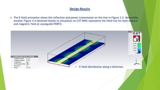 ➢ The E-field animation shows the reflection and power transmission on the line in Figure 3.3. Meanwhile,
another Figure 3.4 obtained thanks to simulation on CST MWS represents the field line for both electric
and magnetic field at waveguide PORT2.
Design Results
• E-field distribution along z-direction.
 