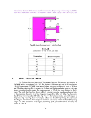 International Journal of Electronics and Communication Engineering & Technology (IJECET),
ISSN 0976 – 6464(Print), ISSN 0976 – 6472(Online) Volume 4, Issue 3, May – June (2013), © IAEME
50
Fig.2. E-shaped patch geometry with line feed
TABLE I
DIMENSIONS OF THE PATCH AND FEED
Parameters Dimensions (mm)
L 38
W 37
L1 17.5
W1 15.5
L2 4.8
W2 11
W3 2
III. RESULTS AND DISCUSSION
Fig. 3 shows the return loss plot of the proposed antenna. The antenna is resonating at
5.43 GHz with a return loss of -58.2 dB. The lower -10 dB frequency at 4.96 GHz and upper
-10 dB frequencies at 5.95 GHz have been obtained which covers the entire range of WiMax
and WLAN applications. Fig. 4 presents the E-plane and H-plane radiation patterns which are
almost omnidirectional in shape. The maximum gain of 5.5 dB has been obtained in the E-
plane. The smith chart has been shown in Fig. 5 which presents the impedance characteristics
of the antenna at the entire observing frequency range of 3.5 GHz to 8 GHz. Fig. 6 presents
the 3D polar plot obtained at 5.5 GHz. Fig. 7 shows the variations in the gain with respect to
frequency. Fig. 8 and Fig. 9 are showing the E-field and H-field respectively. It has revealed
that the gain performance of the proposed antenna is satisfactory within the desired frequency
range. The other parameters such as peak directivity, peak gain and radiation efficiency are
shown in Table II.
 