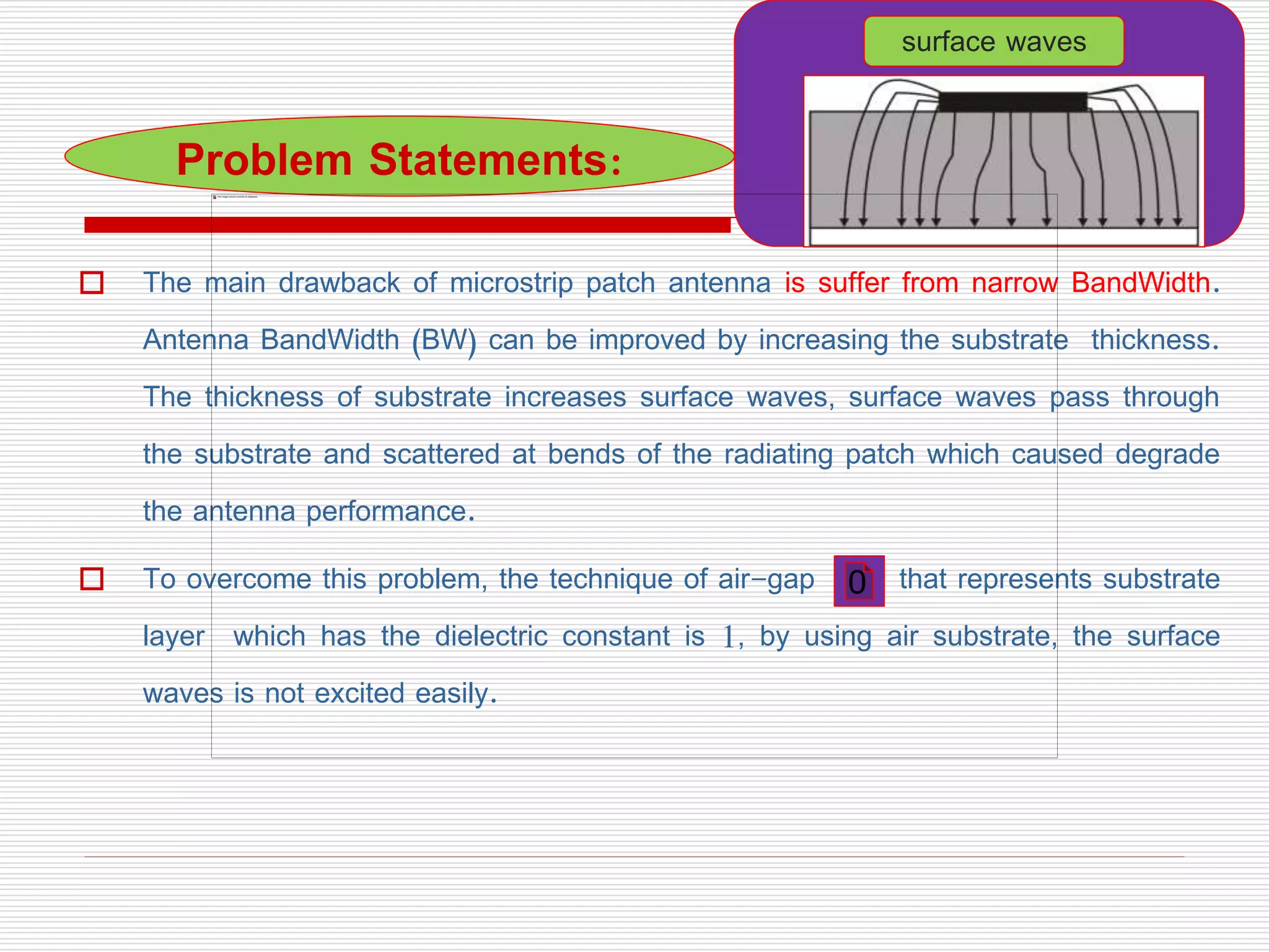  The main drawback of microstrip patch antenna is suffer from narrow BandWidth.
Antenna BandWidth (BW) can be improved by increasing the substrate thickness.
The thickness of substrate increases surface waves, surface waves pass through
the substrate and scattered at bends of the radiating patch which caused degrade
the antenna performance.
 To overcome this problem, the technique of air-gap that represents substrate
layer which has the dielectric constant is 1, by using air substrate, the surface
waves is not excited easily.
Problem Statements:
surface waves
0
 
