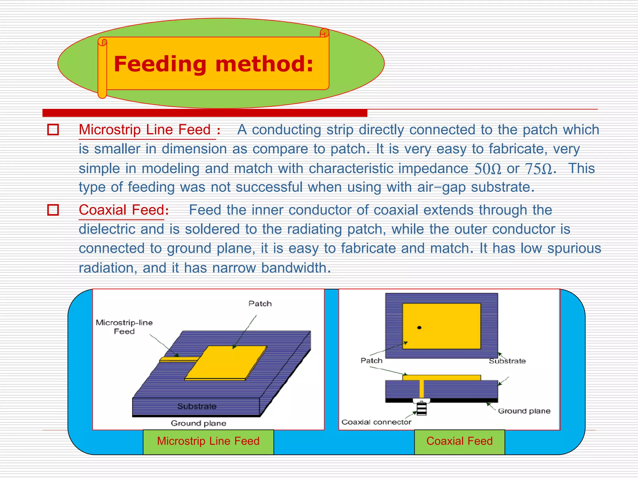  Microstrip Line Feed : A conducting strip directly connected to the patch which
is smaller in dimension as compare to patch. It is very easy to fabricate, very
simple in modeling and match with characteristic impedance 50Ω or 75Ω. This
type of feeding was not successful when using with air-gap substrate.
 Coaxial Feed: Feed the inner conductor of coaxial extends through the
dielectric and is soldered to the radiating patch, while the outer conductor is
connected to ground plane, it is easy to fabricate and match. It has low spurious
radiation, and it has narrow bandwidth.
Coaxial FeedMicrostrip Line Feed
Feeding method:
 