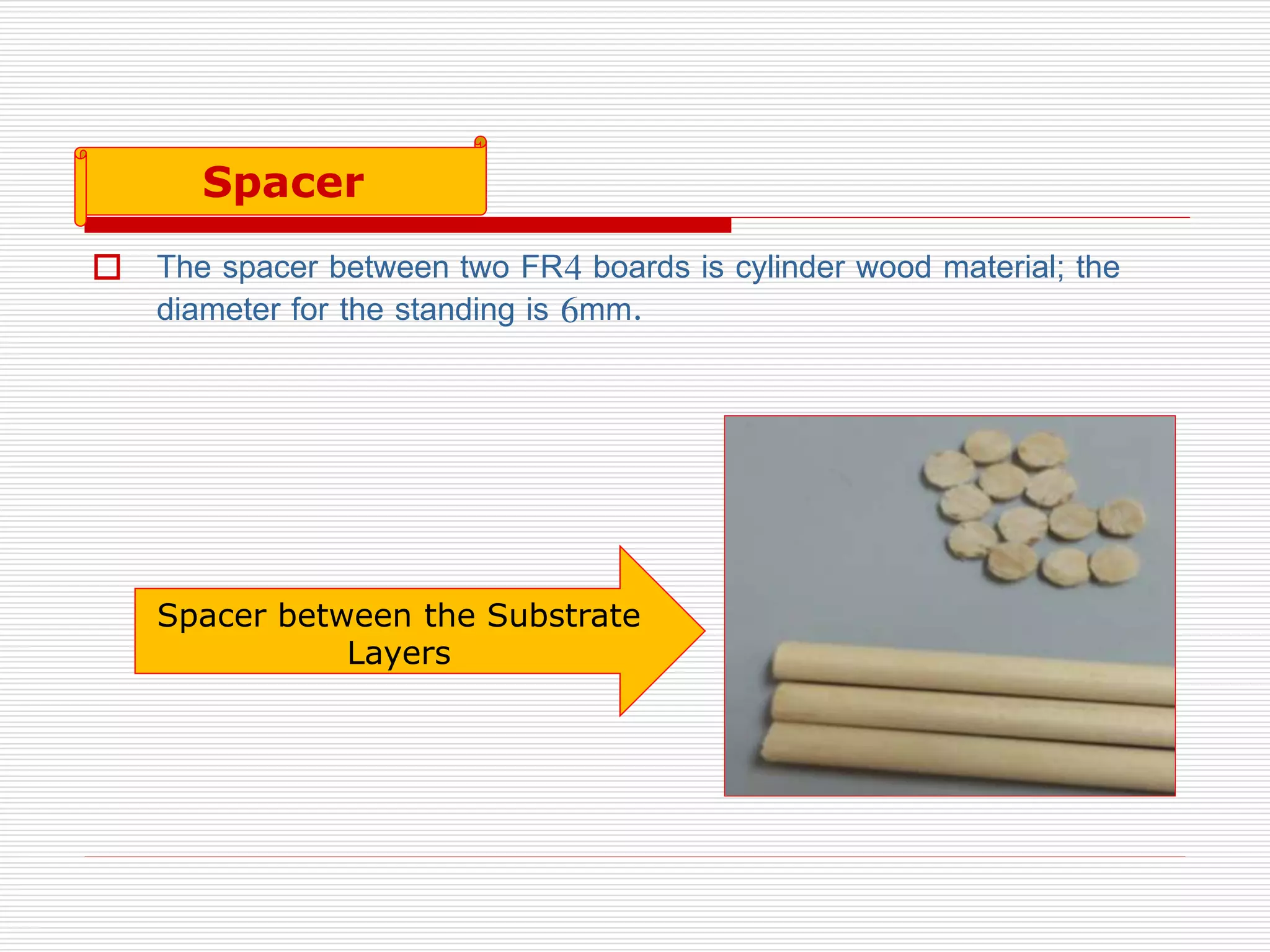  The spacer between two FR4 boards is cylinder wood material; the
diameter for the standing is 6mm.
Spacer between the Substrate
Layers
Spacer
 