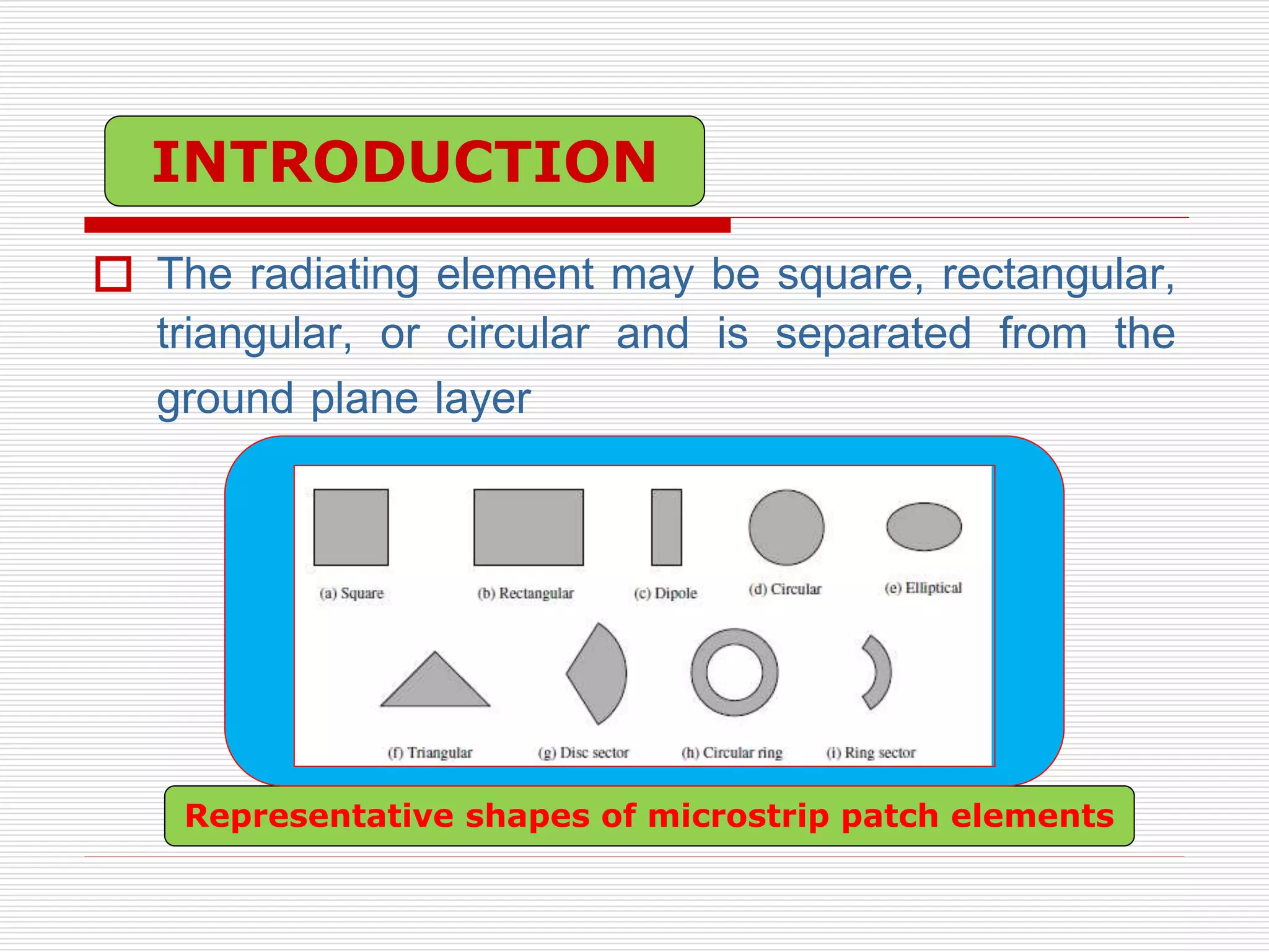  The radiating element may be square, rectangular,
triangular, or circular and is separated from the
ground plane layer
Representative shapes of microstrip patch elements
INTRODUCTION
 