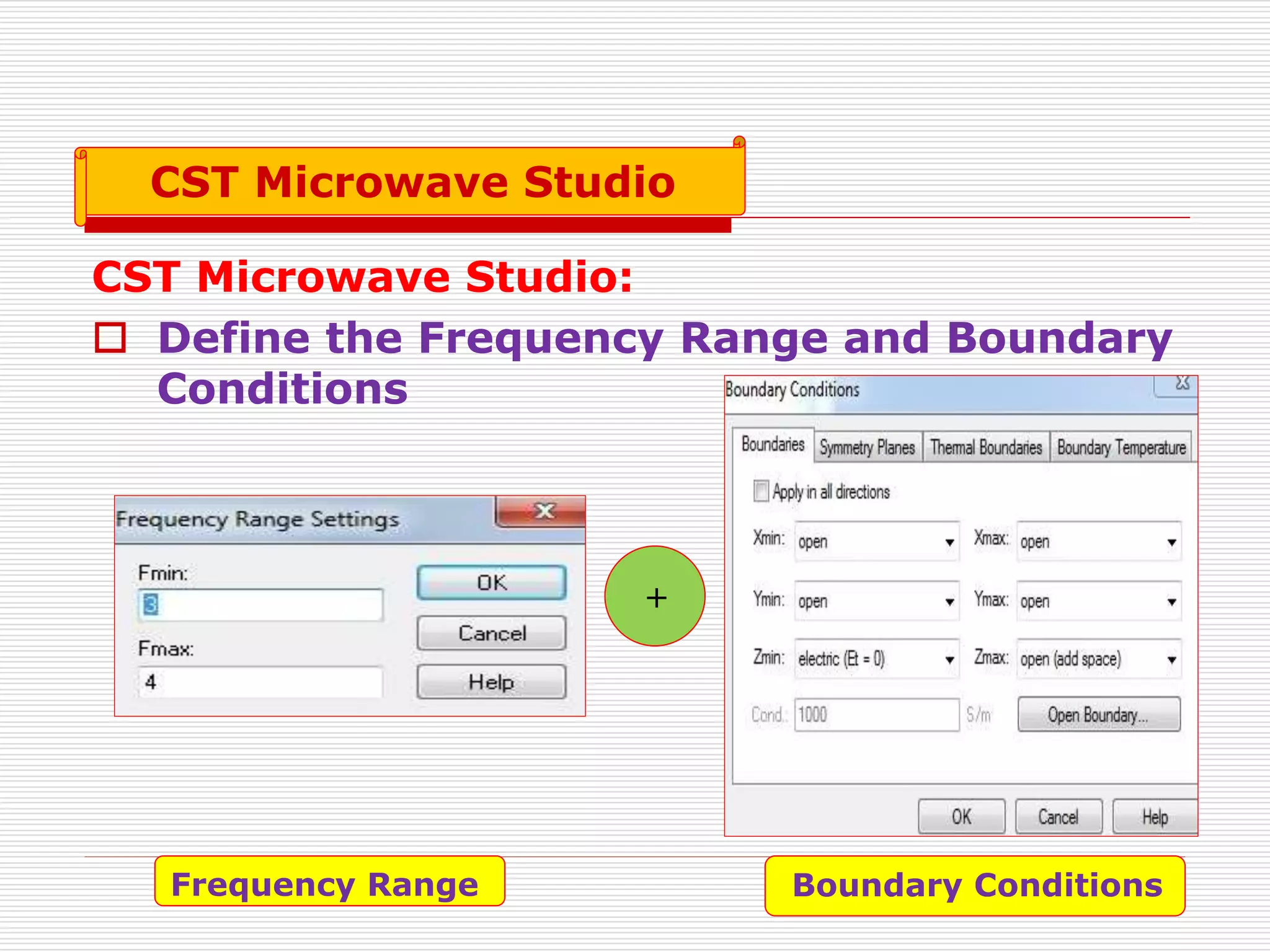 CST Microwave Studio:
 Define the Frequency Range and Boundary
Conditions
+
Frequency Range Boundary Conditions
CST Microwave Studio
 