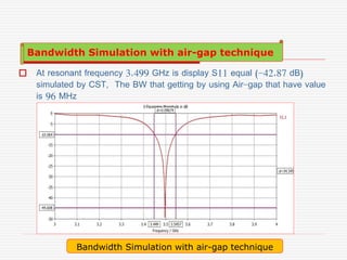  At resonant frequency 3.499 GHz is display S11 equal (-42.87 dB)
simulated by CST, The BW that getting by using Air-gap ...