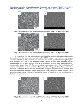 International Journal of Advanced Research in Engineering and Technology (IJARET), ISSN 0976 –
6480(Print), ISSN 0976 – 6499(Online) Volume 4, Issue 6, September – October (2013), © IAEME
9
Fig. 1 Microstructure of steel deformed 50% after soaking at 800o
C (a) Optical (b) SEM
Fig. 2 Microstructure of steel deformed 50% after soaking at 845o
C (a) Optical (b) SEM
In view of the fact that microstructures indentified by microorientation can provide extra
information than the mere microstructural study, EBSD analysis was performed on samples
deformed at 900o
C by 50% reduction. The orientation data (Table. 2) and corresponding histogram
(Fig. 4) shows that 20% of the boundaries ferrite crystals are low angle boundaries having
misorientation 3.5o
or less. However 73% of the boundaries are high angle boundaries having
misorientation greater than 15o
. The corresponding microstructure shows the predominance of
acicular ferrite/bainite as microconstituent. This means that rolling just above the A3 line with a
moderate deformation of 50% thickness reduction has undergone recrystallization of austenite. The
recrystallized austenite during fast cooling has given rise to the formation of acicular bainite αo
B. It is
pertinent to state that the existence of appreciable amount of boundaries of low misorientation, is
indicative of occurrence
Fig. 3 Microstructure of steel deformed 50% after soaking at 900o
C (a) Optical (b) SEM
20 µ
a b
a
20 µ
b
20 µ
a b
 