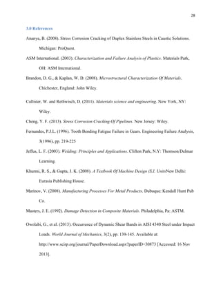 28

3.0 References
Ananya, B. (2008). Stress Corrosion Cracking of Duplex Stainless Steels in Caustic Solutions.
Michigan: ProQuest.
ASM International. (2003). Characterization and Failure Analysis of Plastics. Materials Park,
OH: ASM International.
Brandon, D. G., & Kaplan, W. D. (2008). Microstructural Characterization Of Materials.
Chichester, England: John Wiley.
Callister, W. and Rethwisch, D. (2011). Materials science and engineering. New York, NY:
Wiley.
Cheng, Y. F. (2013). Stress Corrosion Cracking Of Pipelines. New Jersey: Wiley.
Fernandes, P.J.L. (1996). Tooth Bending Fatigue Failure in Gears. Engineering Failure Analysis,
3(1996), pp. 219-225
Jeffus, L. F. (2003). Welding: Principles and Applications. Clifton Park, N.Y: Thomson/Delmar
Learning.
Khurmi, R. S., & Gupta, J. K. (2008). A Textbook Of Machine Design (S.I. UnitsNew Delhi:
Eurasia Publishing House.
Marinov, V. (2008). Manufacturing Processes For Metal Products. Dubuque: Kendall Hunt Pub
Co.
Masters, J. E. (1992). Damage Detection in Composite Materials. Philadelphia, Pa: ASTM.
Owolabi, G., et al. (2013). Occurrence of Dynamic Shear Bands in AISI 4340 Steel under Impact
Loads. World Journal of Mechanics, 3(2), pp. 139-145. Available at:
http://www.scirp.org/journal/PaperDownload.aspx?paperID=30873 [Accessed: 16 Nov
2013].

 