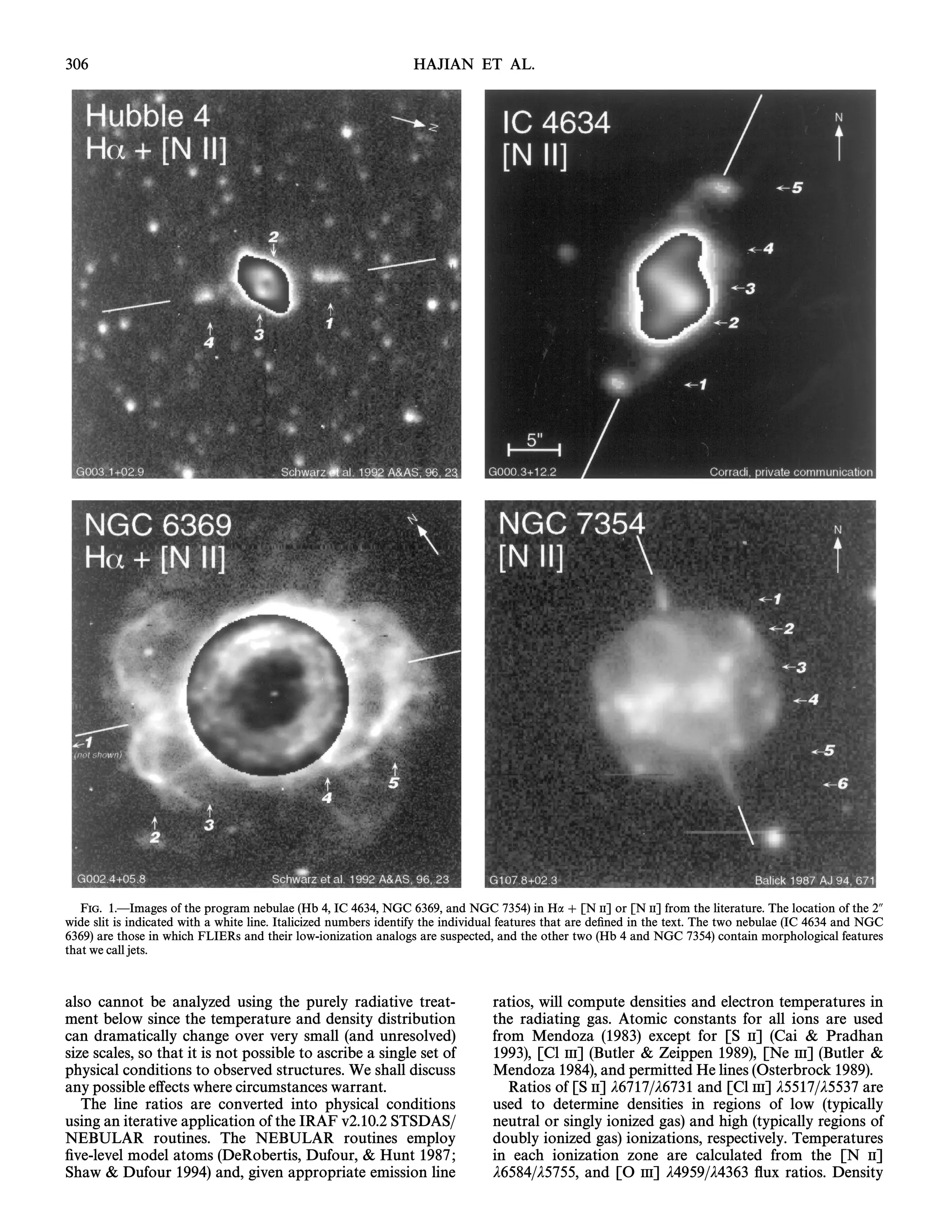 306                                                              HAJIAN ET AL.




   FIG. 1.ÈImages of the program nebulae (Hb 4, IC 4634, NGC 6369, and NGC 7354) in Ha ] [N II] or [N II] from the literature. The location of the 2A
wide slit is indicated with a white line. Italicized numbers identify the individual features that are deÐned in the text. The two nebulae (IC 4634 and NGC
6369) are those in which FLIERs and their low-ionization analogs are suspected, and the other two (Hb 4 and NGC 7354) contain morphological features
that we call jets.



also cannot be analyzed using the purely radiative treat-                        ratios, will compute densities and electron temperatures in
ment below since the temperature and density distribution                        the radiating gas. Atomic constants for all ions are used
can dramatically change over very small (and unresolved)                         from Mendoza (1983) except for [S II] (Cai & Pradhan
size scales, so that it is not possible to ascribe a single set of               1993), [Cl III] (Butler & Zeippen 1989), [Ne III] (Butler &
physical conditions to observed structures. We shall discuss                     Mendoza 1984), and permitted He lines (Osterbrock 1989).
any possible e†ects where circumstances warrant.                                    Ratios of [S II] j6717/j6731 and [Cl III] j5517/j5537 are
   The line ratios are converted into physical conditions                        used to determine densities in regions of low (typically
using an iterative application of the IRAF v2.10.2 STSDAS/                       neutral or singly ionized gas) and high (typically regions of
NEBULAR routines. The NEBULAR routines employ                                    doubly ionized gas) ionizations, respectively. Temperatures
Ðve-level model atoms (DeRobertis, Dufour, & Hunt 1987 ;                         in each ionization zone are calculated from the [N II]
Shaw & Dufour 1994) and, given appropriate emission line                         j6584/j5755, and [O III] j4959/j4363 Ñux ratios. Density
 