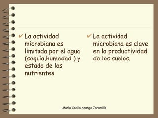 La actividad microbiana es limitada por el agua (sequía,humedad ) y estado de los nutrientes La actividad microbiana es clave en la productividad de los suelos. 