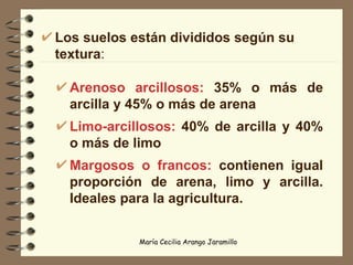 Los suelos están divididos según su textura : Arenoso arcillosos:  35% o más de arcilla y 45% o más de arena Limo-arcillosos:  40% de arcilla y 40% o más de limo  Margosos o francos:  contienen igual proporción de arena, limo y arcilla. Ideales para la agricultura. 