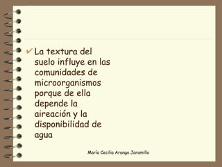 La textura del suelo influye en las comunidades de microorganismos porque de ella depende la aireación y la disponibilidad de agua 