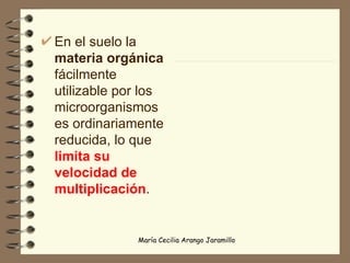 En el suelo la  materia orgánica  fácilmente utilizable por los microorganismos es ordinariamente reducida, lo que   limita su velocidad de multiplicación . 