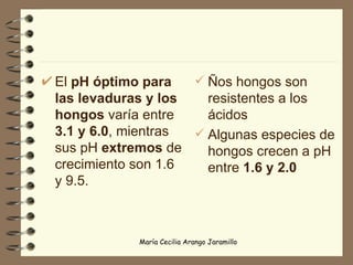 El  pH óptimo para las levaduras y los hongos  varía entre  3.1 y 6.0 , mientras sus pH  extremos  de crecimiento son 1.6 y 9.5. Ños hongos son resistentes a los ácidos Algunas especies de hongos crecen a pH entre  1.6 y 2.0 