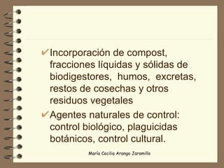 Incorporación de compost, fracciones líquidas y sólidas de biodigestores,  humos,  excretas, restos de cosechas y otros residuos vegetales Agentes naturales de control: control biológico, plaguicidas botánicos, control cultural. 